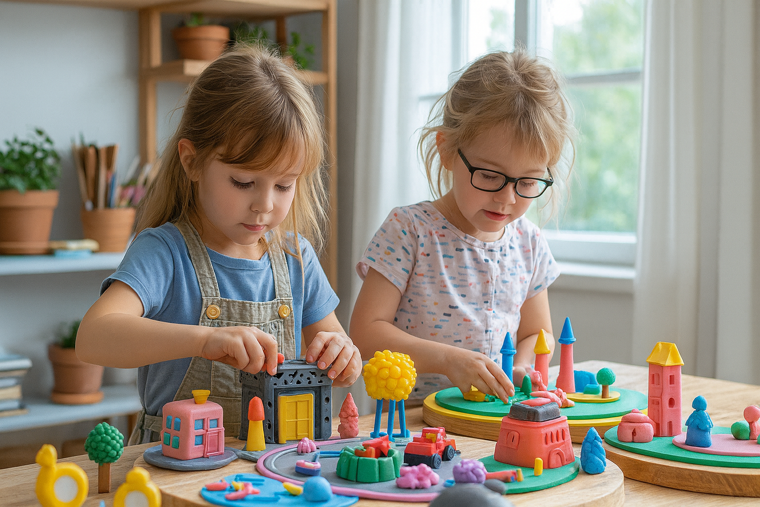 Child playing with colourful clay pieces arranged like a tiny city